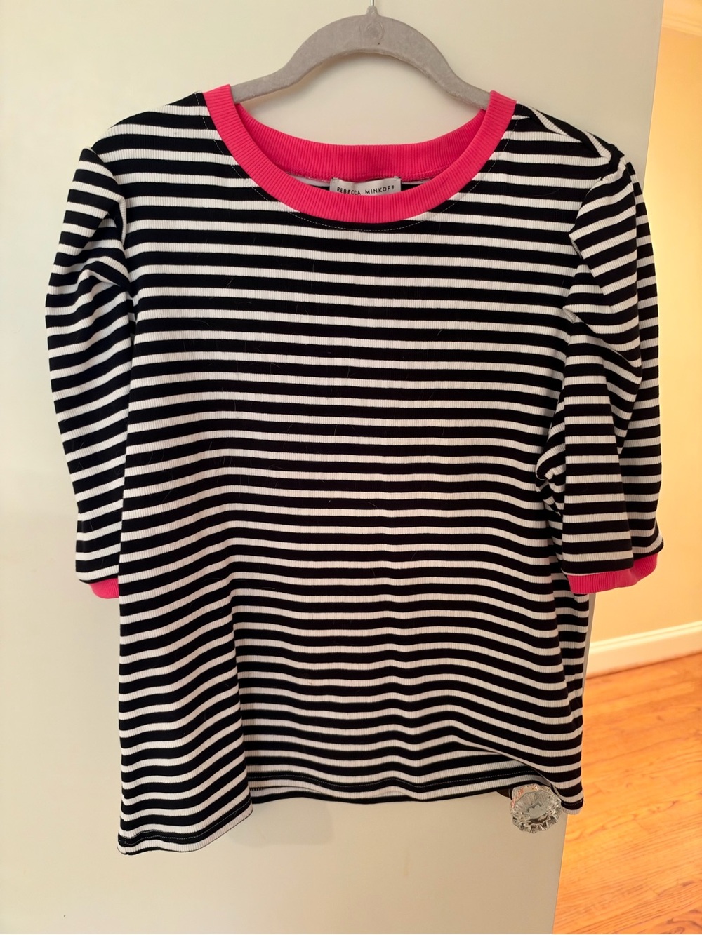 Rebecca Minkoff Black & White Striped Tee with Bright Pink Trim